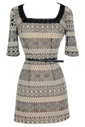 Delicate Designs Square Neck Belted Lace Dress in Black/Beige